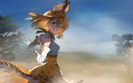  1girl animal_ears bangs bare_shoulders blonde_hair blue_sky bow bowtie breasts cloud day eyebrows_visible_through_hair fog gloves hair_between_eyes kemono_friends looking_at_viewer outdoors pov reaching_out savannah serval_(kemono_friends) serval_ears serval_print serval_tail short_hair sky sleeveless smile solo summergoat tail teeth thighhighs tree wind wind_lift yellow_eyes 