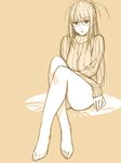  aran_sweater barefoot bottomless crossed_legs glasses highres ino kisaragi_rei legs lips long_hair looking_at_viewer monochrome open_mouth otome_function sidelocks sitting solo sweater 