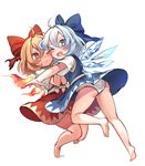  ;d achi_cirno ahoge alternate_color alternate_element ass bare_legs barefoot blue_bow blue_dress blue_eyes blue_hair blush bow cirno dress dual_persona fiery_wings full_body hair_bow highres ice ice_wings kneepits legs looking_at_viewer multiple_girls one_eye_closed open_mouth orange_hair panties pantyshot red_bow red_dress red_eyes shan simple_background sleeveless sleeveless_dress smile soles touhou underwear white_background white_panties wings 