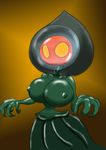  2015 alien big_breasts breasts claws clothing dress eyelashes female flatwoods_monster green_skin looking_at_viewer not_furry simple_background solo thick_thighs wide_hips yellow_eyes 