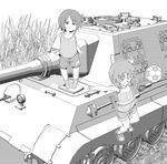  &gt;_&lt; :d ball bangs caterpillar_tracks closed_eyes girls_und_panzer grass greyscale ground_vehicle henyaan_(oreizm) jagdtiger jumping looking_at_viewer military military_vehicle monochrome motor_vehicle multiple_girls nishizumi_maho nishizumi_miho open_mouth shoes short_hair shorts siblings sisters smile soccer_ball socks standing tank tank_top younger 