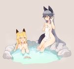  :3 :o animal_ears beige_background blonde_hair breasts collarbone commentary dot_nose eyebrows_visible_through_hair ezo_red_fox_(kemono_friends) fox_ears fox_tail gradient_hair grey_hair hair_between_eyes hand_in_hair hand_up holding holding_towel jitome jpeg_artifacts kemono_friends knees_to_chest knees_up light_brown_eyes long_hair looking_at_another looking_away looking_up medium_breasts multicolored_hair multiple_girls nude onsen open_mouth orange_eyes outdoors partially_submerged rock shiny shiny_hair sideboob silver_fox_(kemono_friends) silver_hair simple_background sitting smile tail toe_scrunch toenails toes towel two-tone_hair very_long_hair water wet_towel white_towel yareru_babaa 