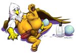  2015 anal animal_genitalia animal_penis anthro anus avian balls blush claws egg erection etchpony feathered_wings feathers fur gryphon knot lube lying male nude on_back open_mouth oviposition penis simple_background solo spreading wings 