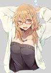  absurdres arms_up black_skirt breasts brown_hair cleavage earrings glasses highres jewelry kazenoko large_breasts looking_at_viewer necklace open_mouth original piercing raised_eyebrow red-framed_eyewear skirt solo white_coat 
