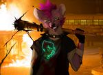  5_fingers angiewolf anthro black_nose blood clothed clothing detailed_background green_eyes hair holding_object holding_weapon hyena male mammal purple_hair smile solo weapon 
