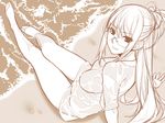  beach full_body glasses highres ino kisaragi_rei legs light_smile lips long_hair looking_at_viewer otome_function shirt sidelocks sitting solo water wet wet_clothes wet_shirt 