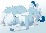  accelo anthro anus backsack balls blue_fur blue_hair butt canine duo fluffy fluffy_tail fox fur hair hug looking_at_viewer male male/male mammal nude simple_background smile white_fur white_hair 
