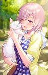  ;d animal blurry blurry_background blush carrying cat day dress eyebrows_visible_through_hair fate/grand_order fate_(series) gingham hair_over_one_eye happy haru_(hiyori-kohal) holding holding_animal hood hood_down hoodie mash_kyrielight no_eyewear nuzzle one_eye_closed open_clothes open_hoodie open_mouth outdoors pink_hair plaid plaid_dress puffy_short_sleeves puffy_sleeves purple_eyes short_hair short_sleeves smile solo upper_body white_cat 