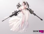  1girl absurdres anti-materiel_rifle anti-tank_rifle artist_request bangs barrett_m82 breasts bridal_veil brown_hair cleavage destiny_child dress dual_wielding earrings full_body gradient gradient_background gun head_tilt high_heels highres holding huge_breasts jewelry lace long_hair looking_at_viewer mole mole_on_breast navel navel_cutout necklace official_art open_mouth pink_eyes revealing_clothes rifle scope see-through sniper_rifle solo standing stiletto_heels swept_bangs veil weapon wedding_dress wedding_hildr white_dress white_footwear 