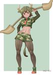  animal_ears artist_name aurochs_(kemono_friends) boots brown_hair camouflage camouflage_shirt commentary_request dark_skin horn_lance horns kemono_friends midriff navel necktie pantyhose polearm revision short_sleeves signature simple_background smile solo tail toned umiroku weapon 