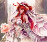  1girl blush bouquet breasts bridal_veil bride cleavage flower gloves hair_flower hair_ornament holding_hand jewelry large_breasts lips long_hair looking_at_viewer pov pov_hands red_eyes red_hair red_stone wedding wedding_dress 