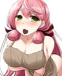  akashi_(kantai_collection) apron bandana blush breasts chocolate chocolate_heart don_(29219) green_eyes hair_ribbon heart kantai_collection large_breasts long_hair looking_at_viewer mouth_hold naked_apron pink_hair ribbon sideboob solo tress_ribbon 