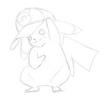  2017 black_and_white clothing digital_media_(artwork) fur hat looking_at_viewer male mammal marauder6272 monochrome nintendo pikachu pok&eacute;mon rodent simple_background sketch smile solo video_games white_background 