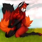  2016 5_fingers angiewolf anthro breasts canine day eyelashes featureless_breasts featureless_crotch female fox fur grass hair kneeling mammal navel outside red_fur red_hair smile solo wide_hips yellow_eyes 