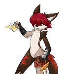  2017 anthro belt black_nose brown_fur canine chest_fur clothing cute digital_media_(artwork) earthb-kun fur gloves hair male mammal melee_weapon multicolored_fur open_mouth red_eyes red_fur reese_(earthb-kun) smile solo standing sword teeth weapon wolf 