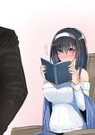  1girl black_hair blue_eyes blush book breasts chair formal gaichi hairband holding holding_book idolmaster idolmaster_cinderella_girls large_breasts long_hair off-shoulder_sweater ribbed_sweater sagisawa_fumika shawl sitting solo_focus suit sweater 