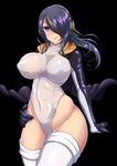  black_background black_hair black_jacket breasts covered_navel cowboy_shot emperor_penguin_(kemono_friends) hair_over_one_eye hand_on_hip headphones highleg highleg_leotard highres impossible_clothes impossible_leotard jacket kemono_friends large_breasts leotard long_hair looking_at_viewer multicolored_hair red_eyes simple_background smile solo thighhighs torahime_(roland00) white_legwear white_leotard 