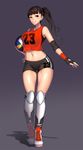  bangs bike_shorts black_hair clothes_writing elbow_pads fingerless_gloves full_body gloves kashi_kosugi knee_pads long_hair looking_at_viewer midriff navel ponytail real_life sabina_altynbekova shorts smile solo sportswear standing volleyball volleyball_uniform 
