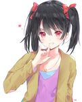  artist_name bangs black_hair blush cardigan eyebrows_visible_through_hair hair_between_eyes hand_up jewelry looking_at_viewer love_live! love_live!_school_idol_project necklace nico_nico_nii open_cardigan open_clothes parted_lips purple_shirt red_eyes shirt signature simple_background smile solo star star_necklace tr_(hareru) twintails v-neck white_background yazawa_nico 