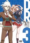  1girl amisaki_ryouko bangs blonde_hair blue_eyes boots character_name check_artist cover danganronpa danganronpa_3 dvd_cover enoshima_junko formal hair_ornament hand_on_hip highres kibougamine_gakuen_school_uniform komaeda_nagito long_hair looking_at_viewer miniskirt nail_polish necktie official_art red_nails school_uniform skirt smile suit twintails wavy_hair white_hair 