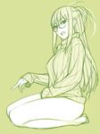  aran_sweater barefoot full_body glasses green highres ino kisaragi_rei legs long_hair looking_at_viewer monochrome open_mouth otome_function sidelocks sitting solo sweater teeth wariza 