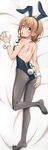  animal_ears ass bare_back black_hairband black_legwear black_leotard breasts bunny_ears bunny_tail bunnysuit dakimakura eyebrows_visible_through_hair fake_animal_ears from_above hairband highres image_sample isshiki_iroha leg_up leotard looking_at_viewer looking_back lying open_mouth pantyhose shiny shiny_clothes shiny_skin simple_background small_breasts solo strapless strapless_leotard tail wrist_cuffs yahari_ore_no_seishun_lovecome_wa_machigatteiru. yandere_sample yellow_eyes 