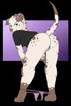  2017 anthro barefoot bent_over biped black_background black_clothing black_fur black_shirt black_tail black_topwear bottomless breasts brown_eyes butt canine clitoral_hood clitoris clothed clothing dalmatian delilah_(talynwolf) digital_media_(artwork) dog eyebrows female floppy_ears fur hi_res looking_at_viewer looking_back mammal multicolored_fur multicolored_tail os panties panties_down pink_bottomwear pink_clothing pink_nose pink_panties pink_pussy pink_underwear presenting presenting_hindquarters presenting_pussy pussy rear_view shirt simple_background smile snout solo two_tone_fur two_tone_tail underwear underwear_down white_fur white_tail 