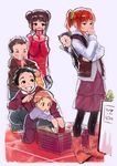  4boys baby baby_carrier babywearing boots brother_and_sister brothers brown_hair bukimi_isan closed_eyes coat commentary double_bun finger_to_mouth grin hand_on_own_chin idolmaster idolmaster_(classic) jacket long_hair mouth_hold multiple_boys multiple_girls orange_hair overalls pacifier pants pantyhose shopping_basket short_hair shushing siblings simple_background sisters sketch skirt smile takatsuki_chousuke takatsuki_kasumi takatsuki_kouji takatsuki_koutarou takatsuki_kouzou takatsuki_yayoi teeth thinking twintails vest 