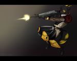  2016 angiewolf anthro armor black_bars black_fur black_nose canine dog fur gradient_background holding_object holding_weapon male mammal simple_background solo weapon yellow_eyes 