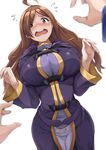  absurdres ahoge akita_hika blurry blush breasts brown_eyes brown_hair curvy depth_of_field flying_sweatdrops hair_over_one_eye highres kono_subarashii_sekai_ni_shukufuku_wo! large_breasts long_hair long_sleeves nose_blush open_mouth out_of_frame pov pov_hands robe simple_background sketch solo_focus tears teeth undersized_clothes white_background wiz_(konosuba) 