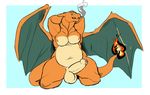  2015 anthro balls charizard dragon dusty-pixels flaming_tail hands_behind_head looking_at_viewer male membranous_wings musclegut muscular muscular_male nintendo nipples nude pecs penis pok&eacute;mon scalie simple_background smile solo video_games wings 