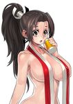  :o absurdres breasts brown_eyes brown_hair cleavage fatal_fury fengmo high_ponytail highres large_breasts long_hair looking_at_viewer open_mouth ponytail shiranui_mai simple_background solo sweatdrop the_king_of_fighters white_background 