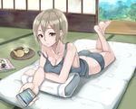  :/ ass blush breasts brown_eyes brown_hair butt_crack camisole cellphone cleavage closed_mouth collarbone commentary_request crossed_legs cup futon hair_between_eyes holding holding_phone idolmaster idolmaster_cinderella_girls indoors legs_up line_(naver) loungewear lying magazine medium_breasts naga1047 on_stomach phone shiomi_shuuko short_hair shorts sliding_doors smartphone solo strap_slip teacup teapot tray 