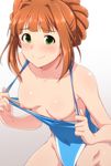  alternate_hairstyle areolae blush breasts breasts_outside competition_swimsuit green_eyes hair_up idolmaster idolmaster_(classic) looking_at_viewer nipples one-piece_swimsuit orange_hair small_breasts smile solo sweatdrop swimsuit swimsuit_pull takatsuki_yayoi tengu_(tetuo_kun) 