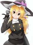  \n/ adapted_costume bad_hands black_dress black_gloves blush bow braid breasts commentary_request cookie_(touhou) dress gloves grin hair_between_eyes hair_bow hat hat_bow head_tilt highres kirisame_marisa large_breasts long_hair long_sleeves looking_at_viewer microphone orange_hair purple_bow rei_(cookie) sash side_braid smile solo tochinoko touhou wavy_hair white_background witch_hat yellow_eyes 