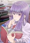  absurdres book book_stack dated eyes_visible_through_hair hair_ribbon hand_on_own_cheek highres light_frown long_hair long_sleeves no_hat no_headwear open_book patchouli_knowledge purple_eyes purple_hair reading ribbon robe rushian sidelocks signature solo touhou tress_ribbon 