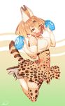  ;d animal_ears bare_shoulders belt blew_andwhite blonde_hair blush boots bouncing_breasts bow bowtie breasts elbow_gloves extra_ears food gloves high-waist_skirt highres japari_bun jumping kemono_friends large_breasts looking_at_viewer one_eye_closed open_mouth serval_(kemono_friends) serval_ears serval_print serval_tail short_hair skirt smile solo tail thighhighs 