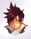  brown_hair closed_mouth face goggles liyart overwatch revision short_hair smile solo spiked_hair tracer_(overwatch) 