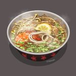 bean_sprout bowl commentary_request food from_above fruit grey_background highres lemon lemon_slice meat no_humans onion shadow shrimp simple_background soup steam text_focus twitter_username vegetable 