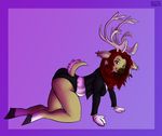  anthro antlers butt cervine clothed clothing female fur gloves hair horn looking_at_viewer mammal piercing pinup pose punishedkom red_hair reindeer simple_background smile solo 