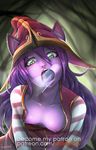  1girl :&gt;= animal_ears breasts_outside clothed_sex collarbone erect_nipples fellatio green_eyes hetero league_of_legends long_hair long_sleeves looking_at_viewer lulu_(league_of_legends) nipples no_bra open_clothes open_mouth oral patreon penis pov purple_hair purple_skin saliva saliva_trail sex small_breasts teeth witch_hat yordle 