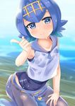  blue_eyes blue_hair blue_sailor_collar collarbone eyebrows_visible_through_hair hairband hand_on_own_knee head_tilt index_finger_raised kneeling looking_at_viewer niiya one-piece_swimsuit pokemon pokemon_(game) pokemon_sm sailor_collar shiny shiny_hair short_hair sleeveless smile solo suiren_(pokemon) swimsuit swimsuit_under_clothes water wet wet_clothes 