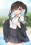 1girl absurdres bangs black_bra blurry blurry_background bra bra_through_clothes brown_eyes brown_hair character_name collared_shirt commentary_request depth_of_field eyebrows_visible_through_hair goyain grey_jacket grey_skirt hair_between_eyes highres idolmaster idolmaster_cinderella_girls jacket long_hair looking_at_viewer open_clothes open_jacket parted_lips pleated_skirt see-through sharp_teeth shirt skirt solo sparkle sunazuka_akira teeth twintails underwear wet wet_clothes wet_shirt white_shirt 
