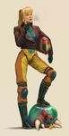  ;3 agentscarlet alien armor blonde_hair bodysuit boots cigar fangs gloves helmet highres jacket juice_box knee_pads leather leather_jacket lips long_hair metroid metroid_(creature) multicolored multicolored_bodysuit multicolored_clothes orange_bodysuit ponytail realistic revision samus_aran science_fiction scrunchie smoke smoking solo_focus yellow_bodysuit 