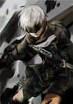  artist_name blindfold choker commentary dual_wielding fighting_stance gloves hachiimi highres holding holding_sword holding_weapon katana knees lips male_focus motion_blur nier_(series) nier_automata pale_skin patterned_clothing shorts smile solo sword text_focus weapon white_hair yorha_no._9_type_s 