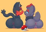  2019 acstlu anus big_butt butt cleft_of_venus duo female litten looking_at_viewer looking_back mammal nintendo pok&eacute;ball pok&eacute;mon pok&eacute;mon_(species) pussy simple_background video_games yellow_background zorua 