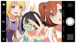 :d :o :| ayase_eli black_hair blonde_hair blue_eyes blurry blush brown_hair bunny_ears_prank cardigan closed_mouth collarbone commentary cucumber facial_mask kousaka_honoka long_hair long_sleeves looking_at_viewer love_live! love_live!_school_idol_project multiple_girls one_side_up open_cardigan open_clothes open_mouth phone_screen ponytail purple_sweater red_eyes scrunchie self_shot shuca_ca smile sweatdrop sweater translated v viewfinder yazawa_nico 