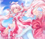  1girl ahoge back_bow blue_legwear bow cloud cowboy_shot dress elsword flower hair_ornament jie_(nomae0527) laby_(elsword) long_hair outstretched_hand pantyhose petticoat pink_dress pink_eyes pink_hair radiant_soul_(elsword) sidelocks sky smile solo twintails white_bow 