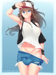  10s 1girl 2017 armpits bangs baseball_cap blue_eyes breasts brown_hair bulge eyebrows_visible_through_hair futanari hat large_breasts long_hair looking_at_viewer navel necrosmos nintendo panties penis player_character pokemon pokemon_(game) pokemon_bw shiny shiny_hair shiny_skin short_shorts shorts sidelocks smile solo sweat sweating testicles thighs touko_(pokemon) underwear white_panties 