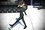  3d belt black_footwear blonde_hair blue_eyes blurry blurry_background boots caterpillar_tracks genya_(genya67) ground_vehicle hat highres looking_at_viewer marching medal military military_uniform military_vehicle motor_vehicle panzerkampfwagen_ii peaked_cap salute solo tank tanya_degurechaff uniform youjo_senki 